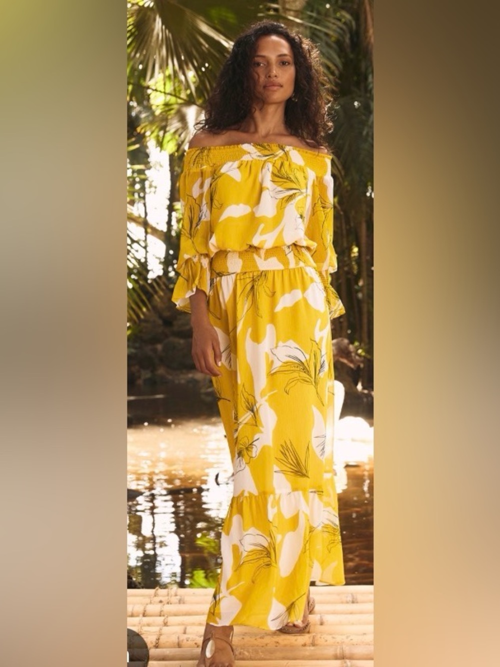 Chico's Yellow and White Floral Off-Shoulder Maxi Dress